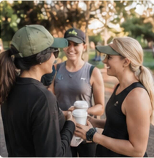 Three walkers chatting over coffee after an Our Cow Community Walk