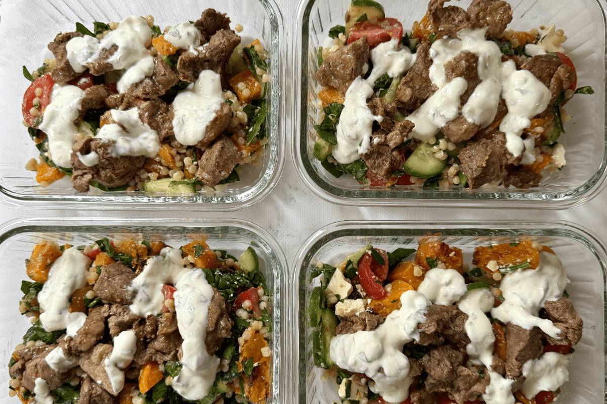 Diced Lamb with Roasted Pumpkin, Feta, Couscous Salad