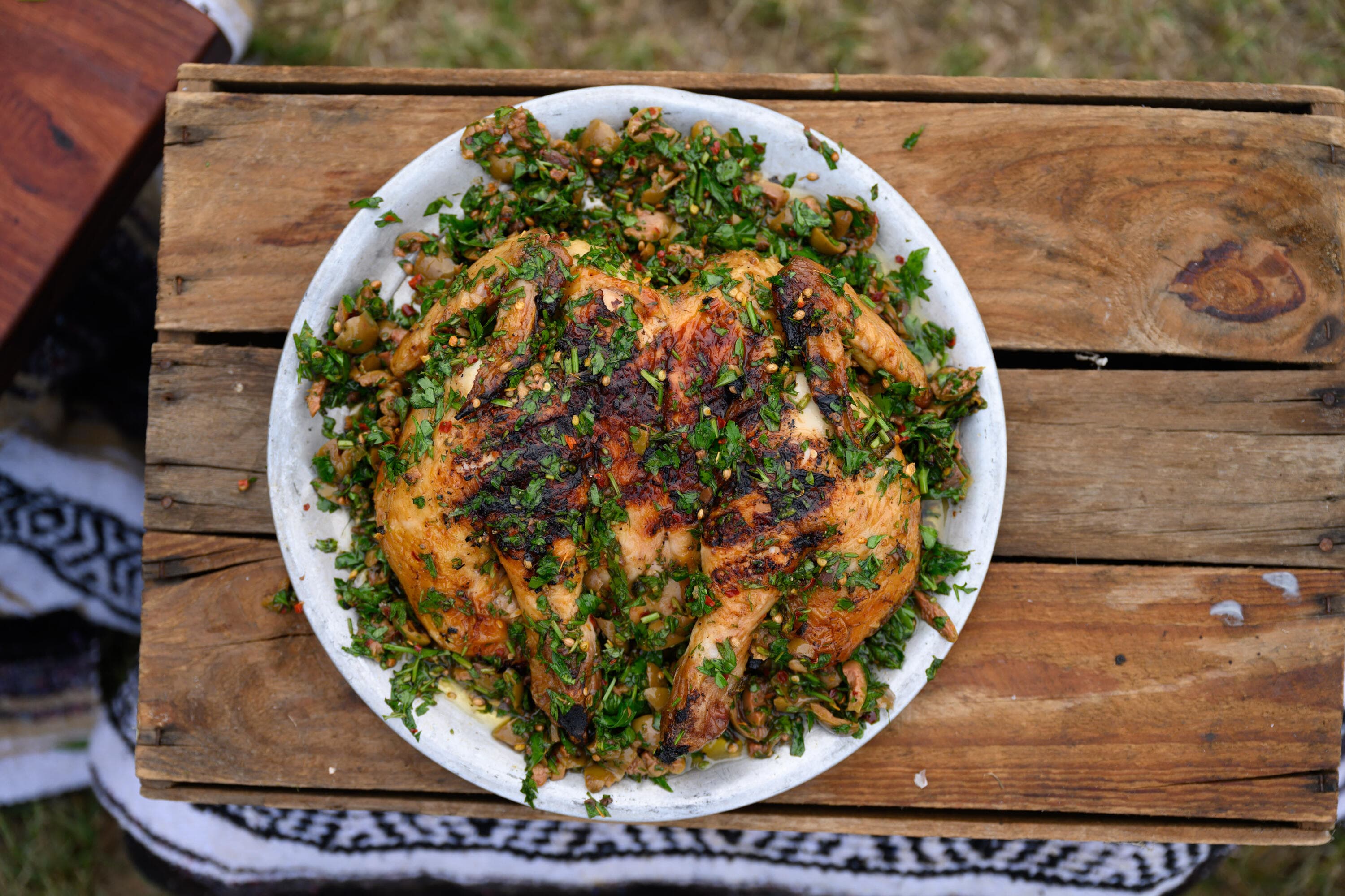 Hayden Quinn’s Butterflied Garlic Herby Chicken with Olive Sauce