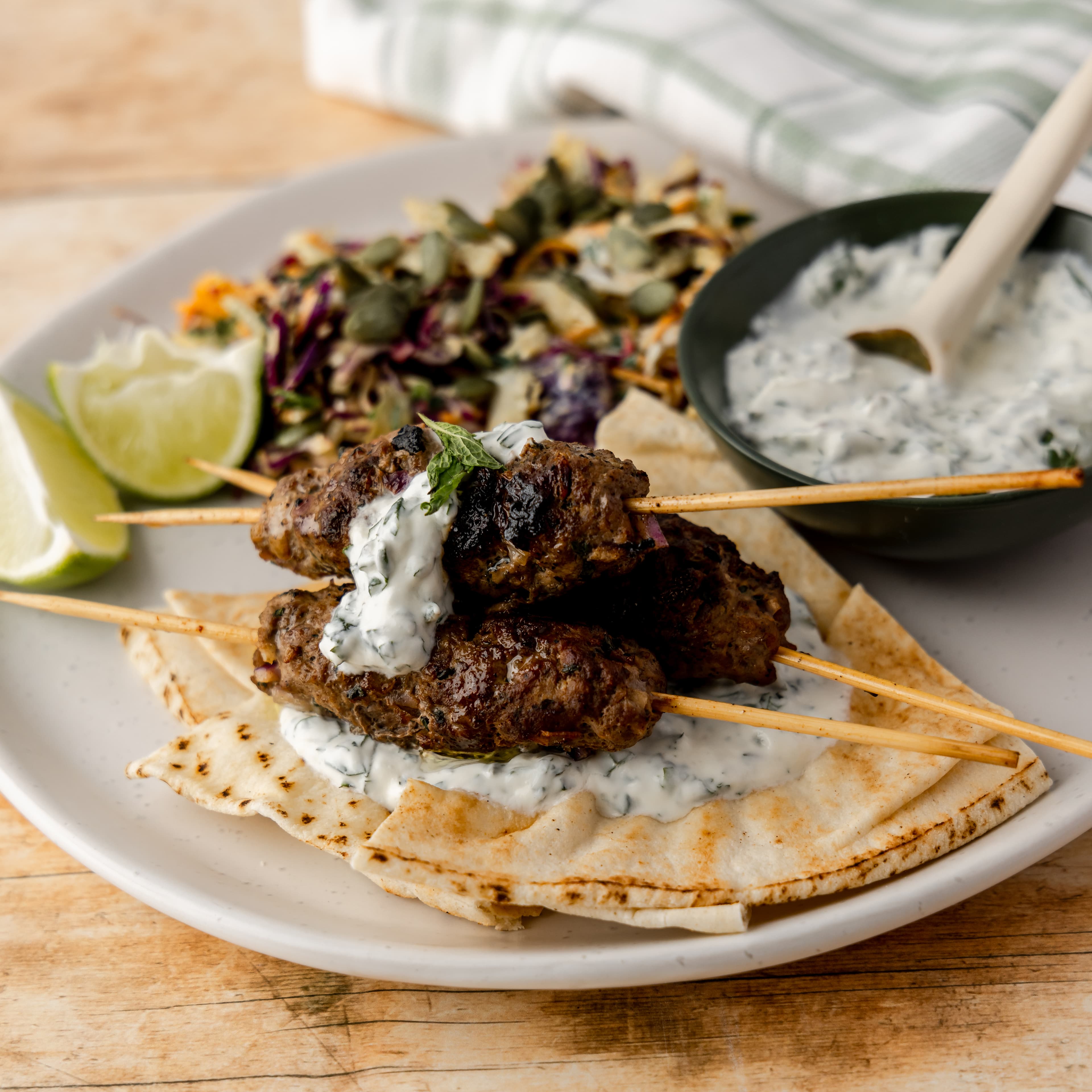 Grilled Beef Kebabs with Tzatziki Flatbread