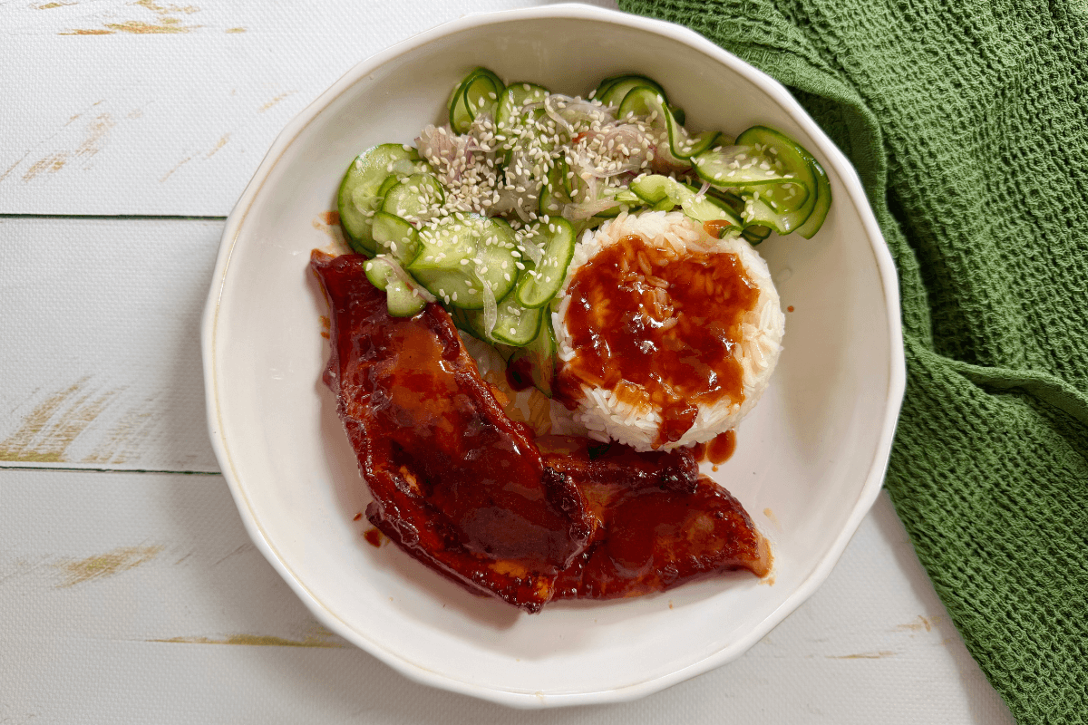 BBQ Pork Spare Ribs with Rice and Cucumber Salad