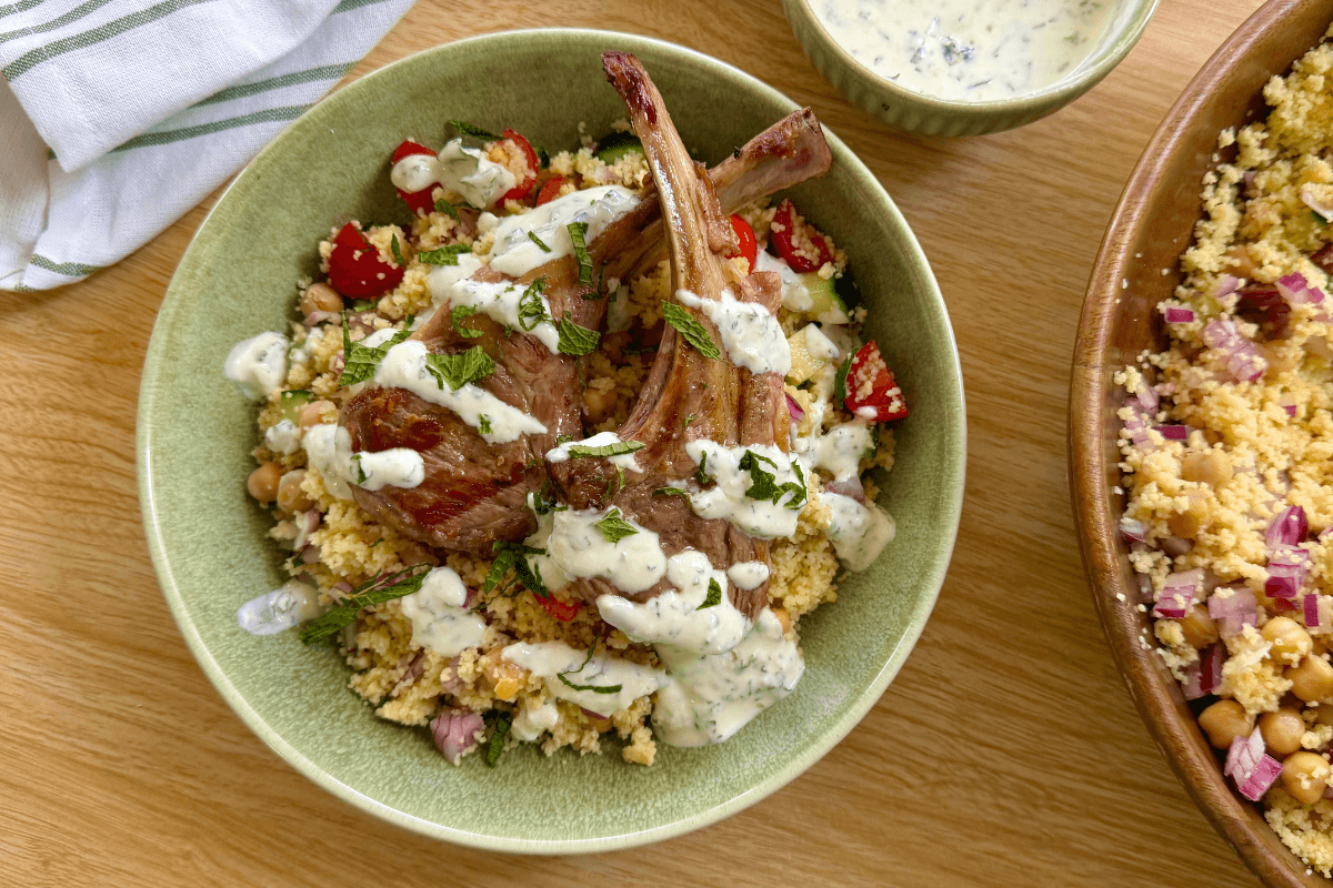 Lamb Cutlets with Cous Cous Salad and Yoghurt Dressing